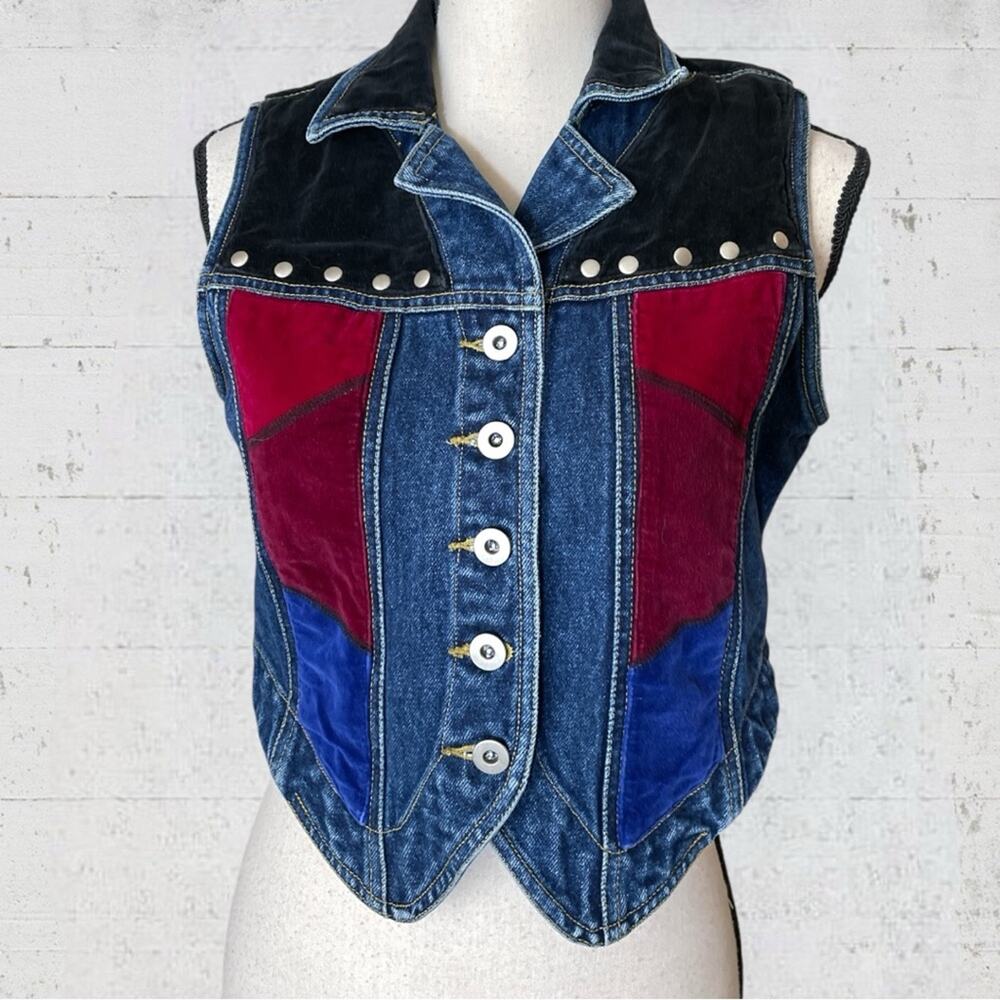 VTG Carole Little Sport Petite Denim Velvet Vest Embroidered Boho Patchwork 6P - Picture 2 of 7